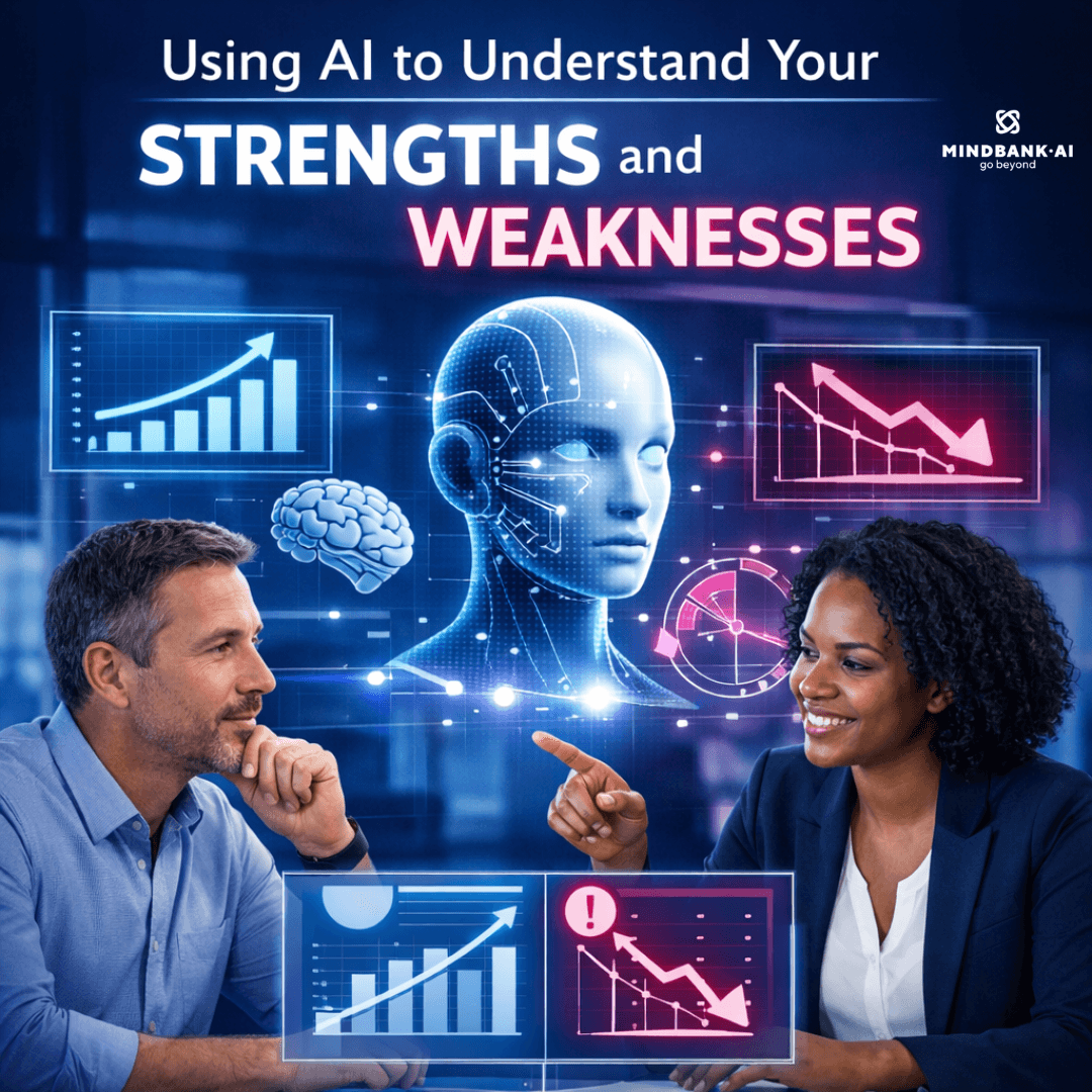 AI-powered self-assessment showing professionals analyzing performance data and behavioral patterns to identify strengths, weaknesses, and improve productivity through digital insights