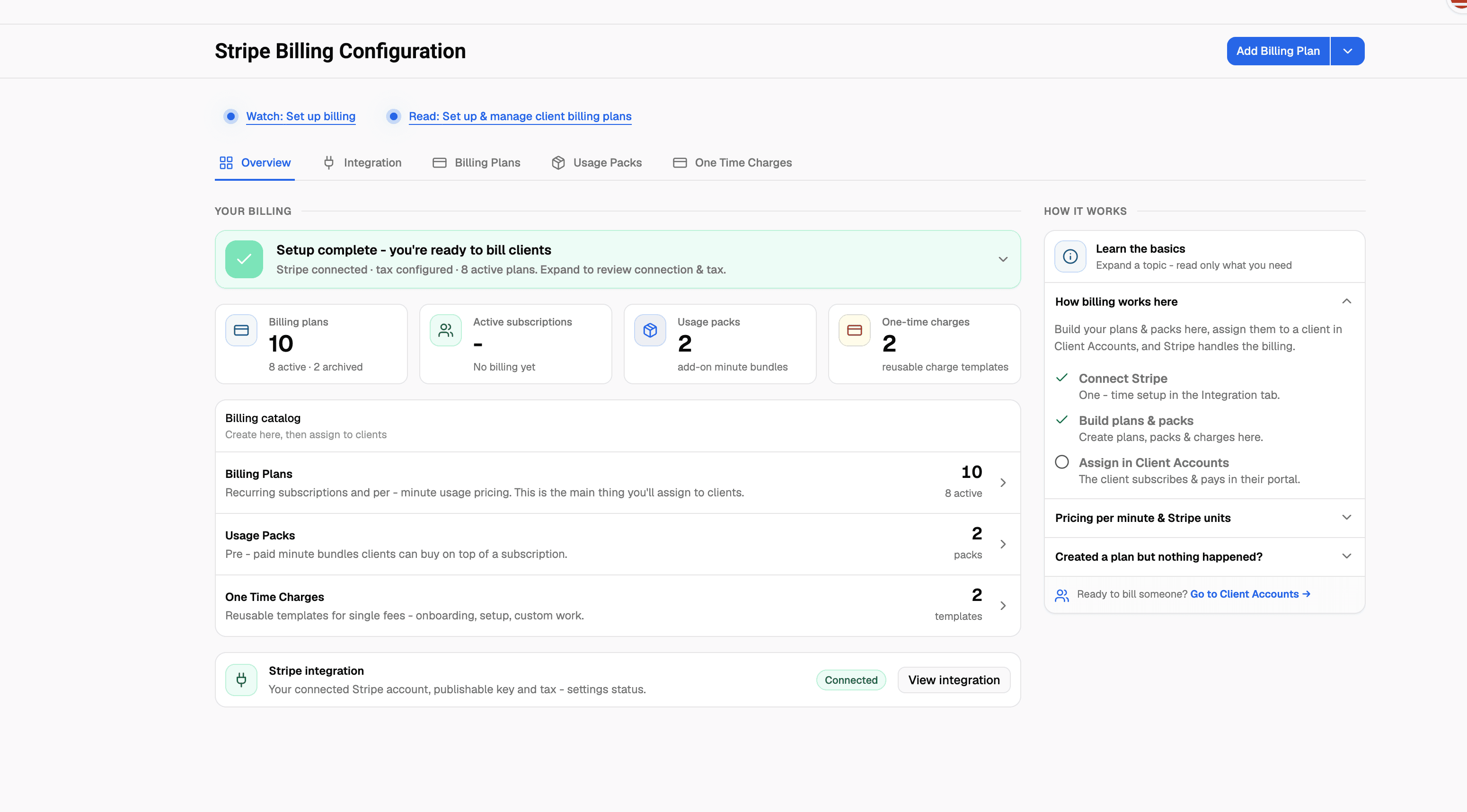 VoiceAIWrapper Stripe Billing Configuration showing recurring billing plans, prepaid usage packs, one-time setup charges, client assignment guidance and the connected Stripe account agencies use to package a website chatbot service.
