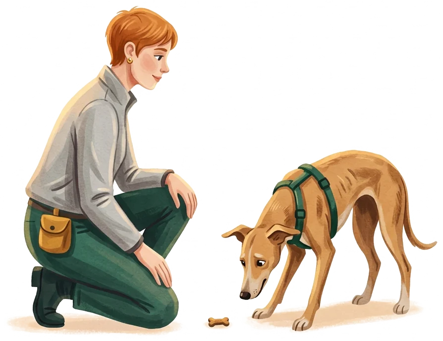 La entrenadora, agachada, deja que el perro se acerque a su ritmo