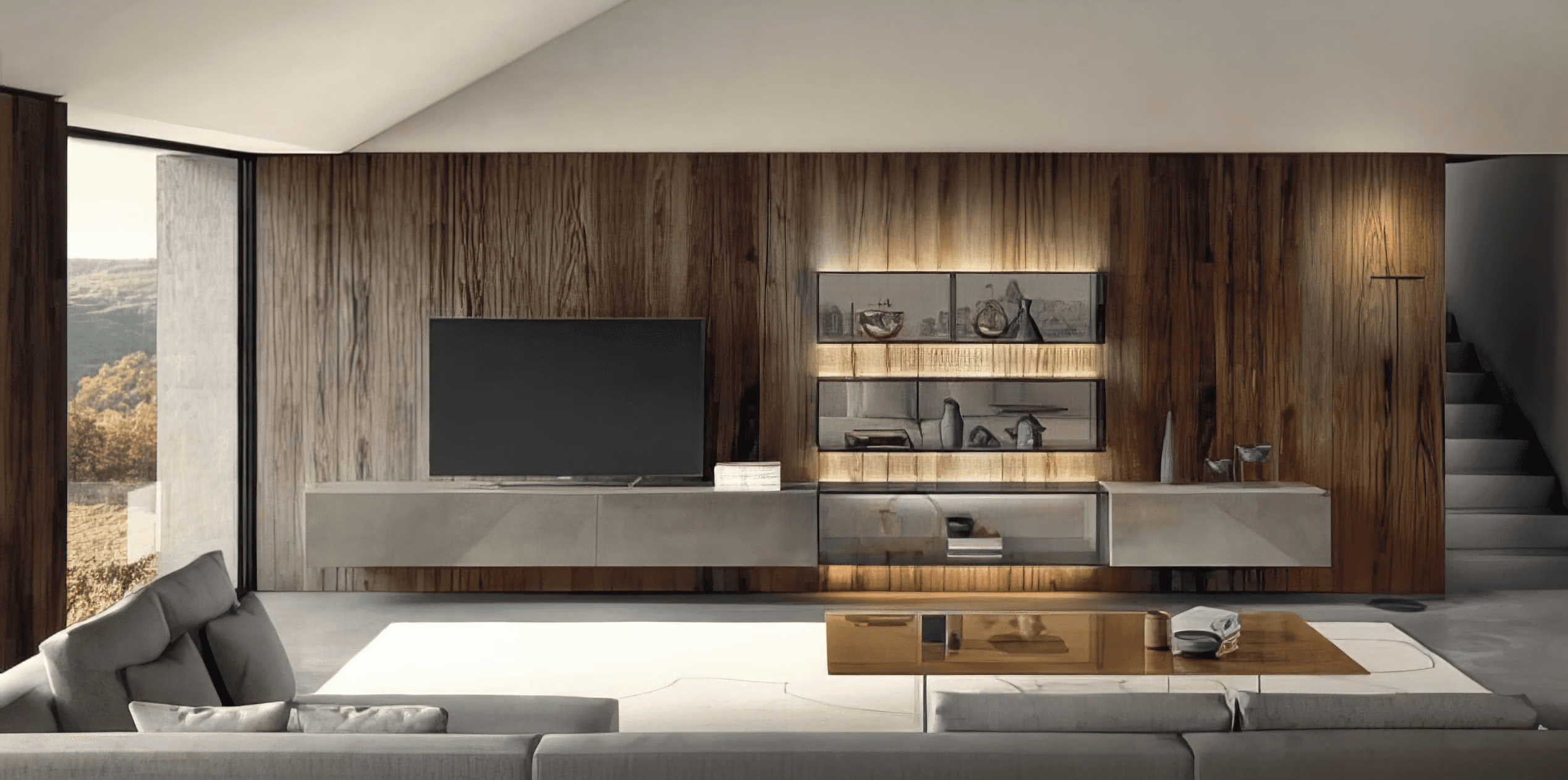 MW Interior Wohneinrichtung – gemütlicher Wohnbereich mit maßgefertigter TV-Wand und hochwertigen Holzelementen