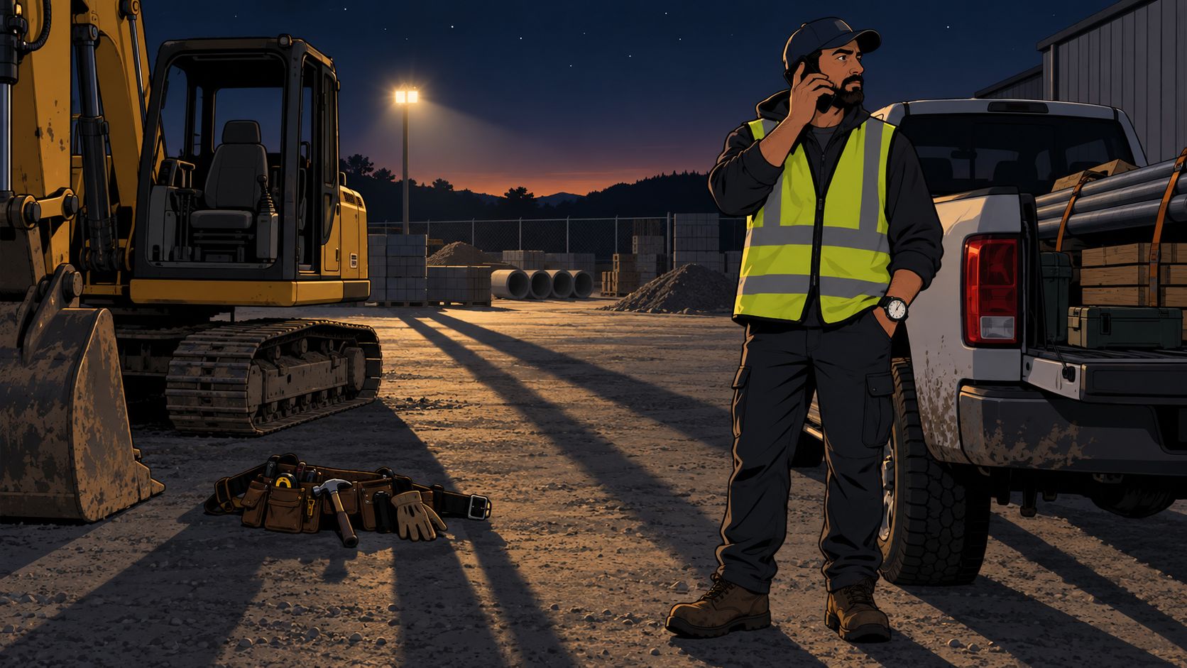 A construction worker in a high-visibility vest takes a late-night phone call at a dimly lit jobsite.