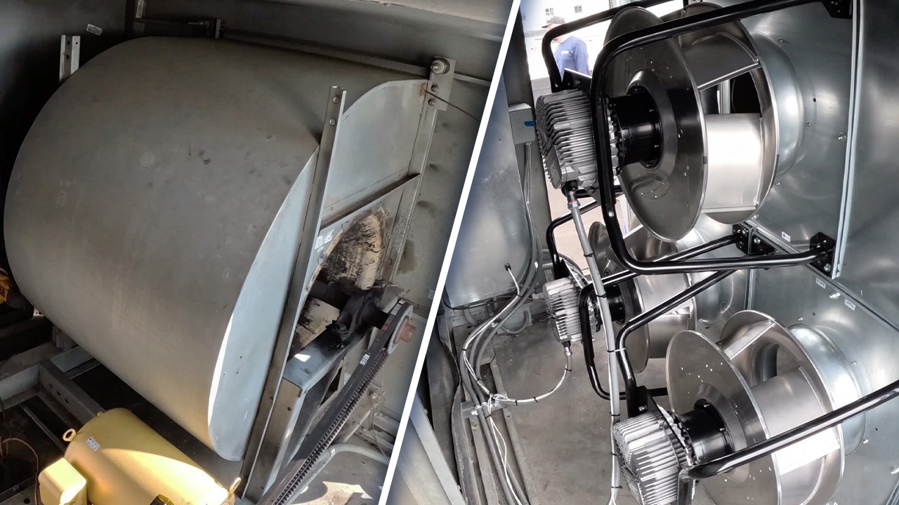 GRR Cooling Experts emergency HVAC retrofit in a critical NYC healthcare environment, showing before-and-after supply fan replacement with a direct-drive fan array upgrade