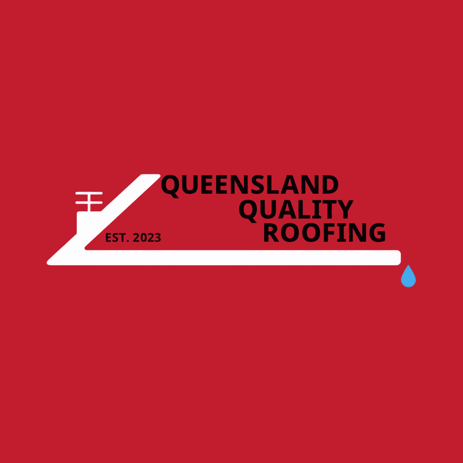 Queensland Quality Roofing logo featuring a modern red and black roof design with a water droplet, established in 2023. A Brisbane-based roofing company specializing in re-roofing, repairs, guttering, and high-quality roofing solutions.