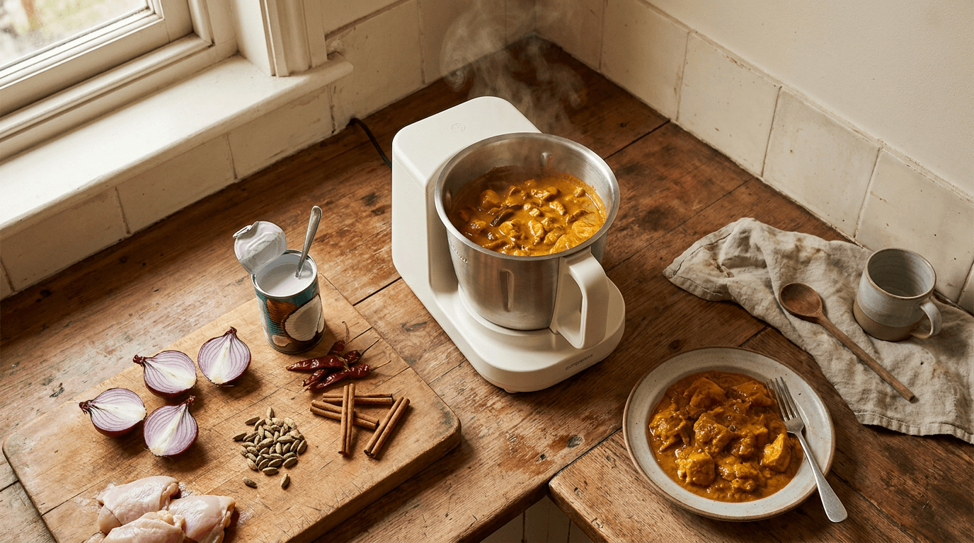 Cooking robot filled with curry surrounded by fresh groceries on countertop