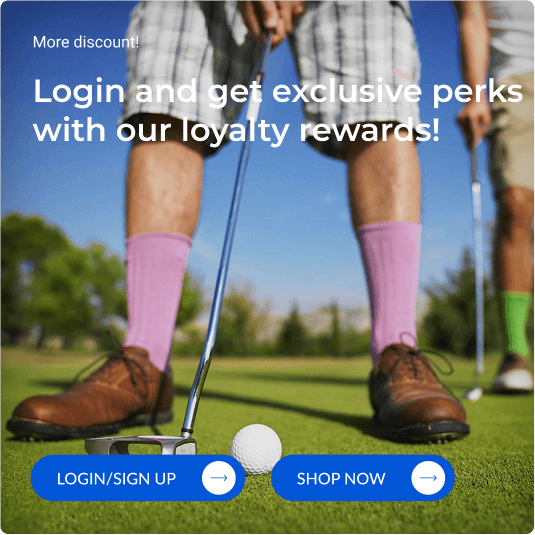 "Golf loyalty rewards program banner encouraging users to log in or sign up for exclusive perks. Features a golfer in stylish attire putting on the green, emphasizing the brand's connection to golf enthusiasts and personalized rewards."