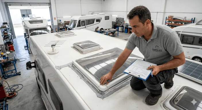 Perito de seguros revisando el sellado exterior y las claraboyas de una autocaravana para evaluar daños por agua.