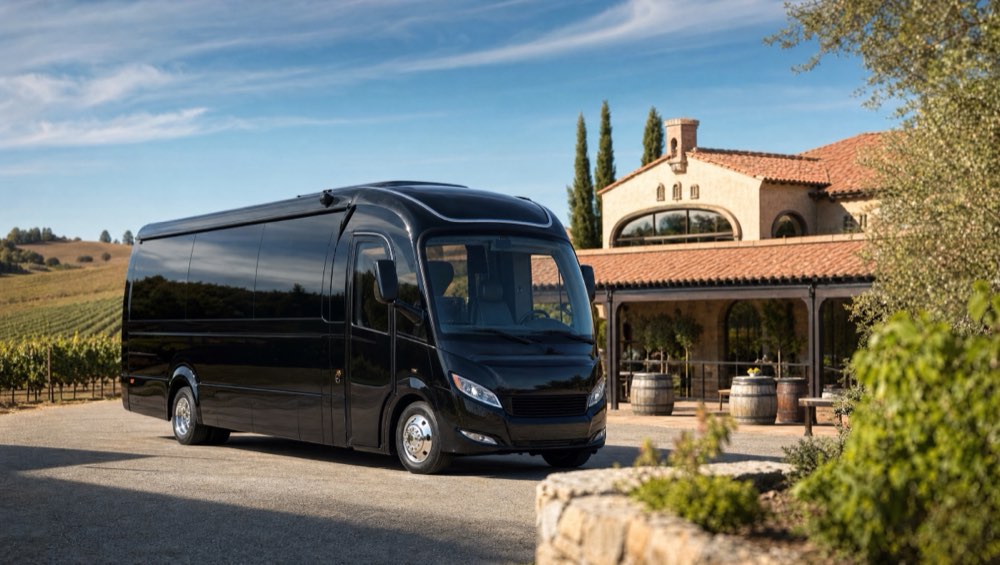 Black luxury coach parked outside a Mediterranean-style winery estate