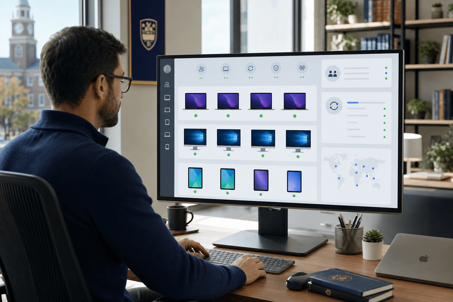 A university IT administrator managing a multi-device deployment dashboard on a large monitor, showing Mac laptops, Windows desktops, and tablets all connected to the same system, modern university office setting, clean and professional, soft natural lighting, subtle interface elements suggesting team management and vocabulary sync across devices