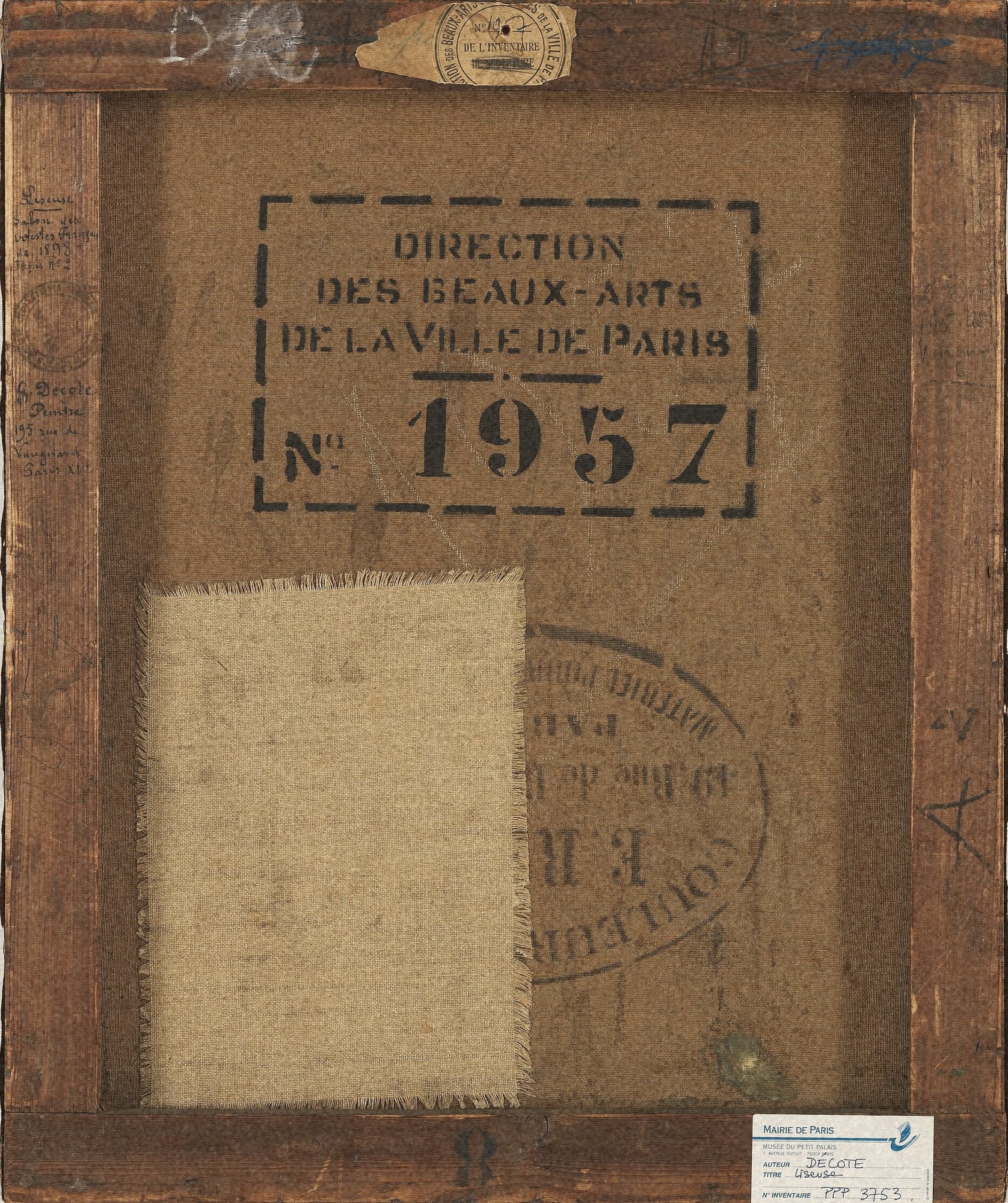 canvas back with stretcher, stamp reading no 1957 and labels