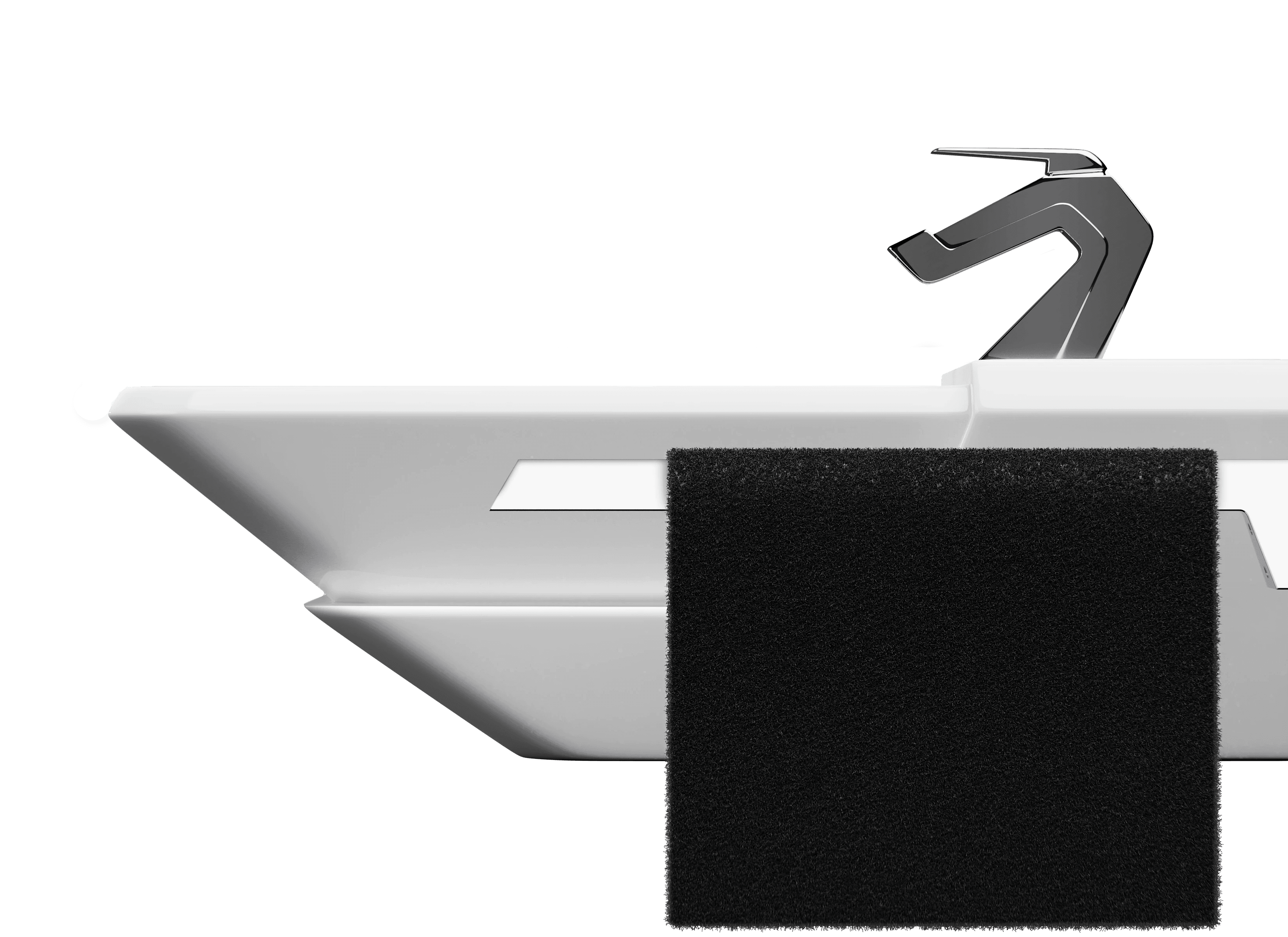 Side view rendering of the washbasin and faucet from the Kane bathroom accessories collection in bright white lighting on a transparent background.