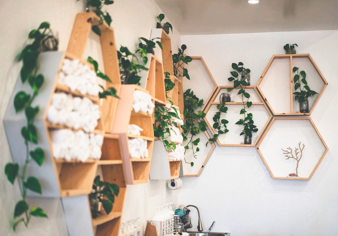 Octagon shelving unit at Del Sol Hair Studio in Hutington Beach
