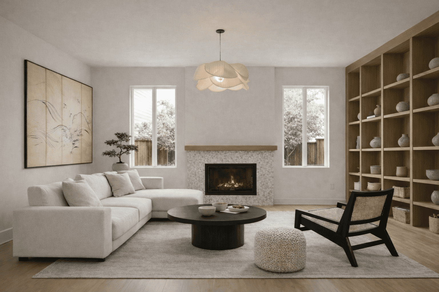 Modern Japandi living room with low neutral sectional, black round wood coffee table, built-in wood shelving, sculptural pendant light, and fireplace.