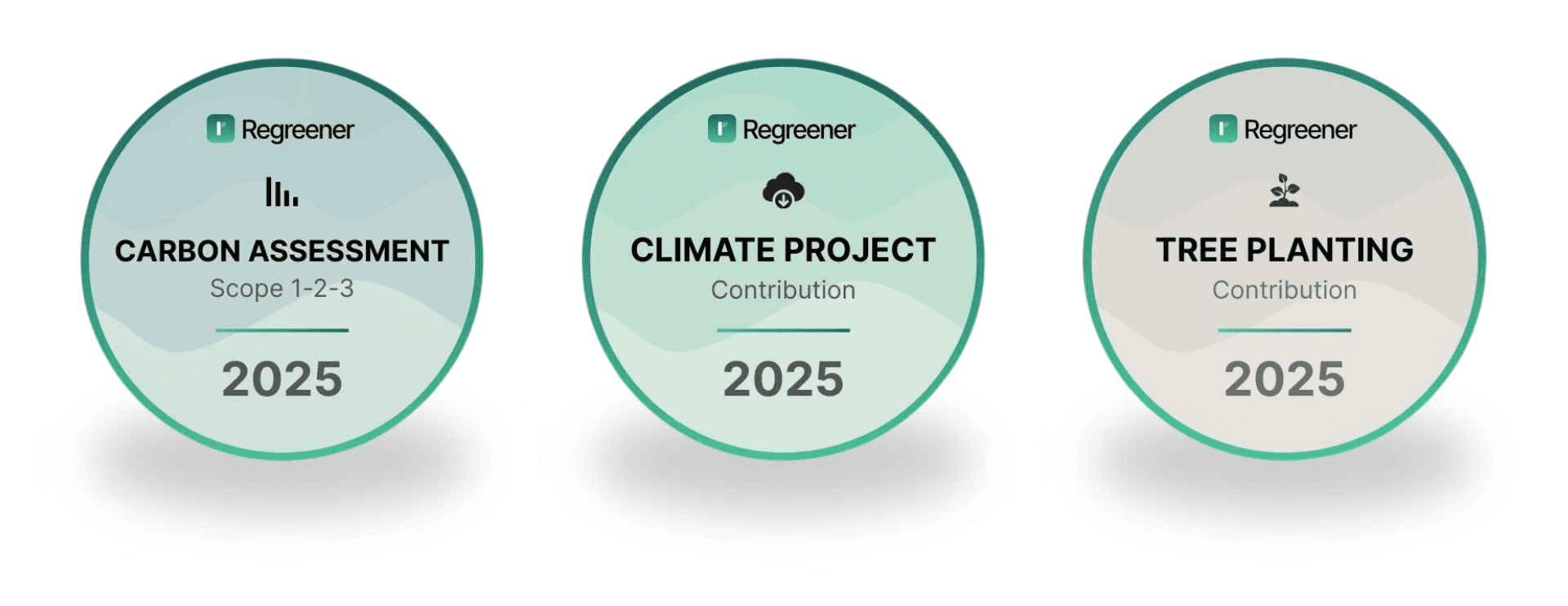 Three badge icons of Regreener about carbon assessment, climate projects and tree planting
