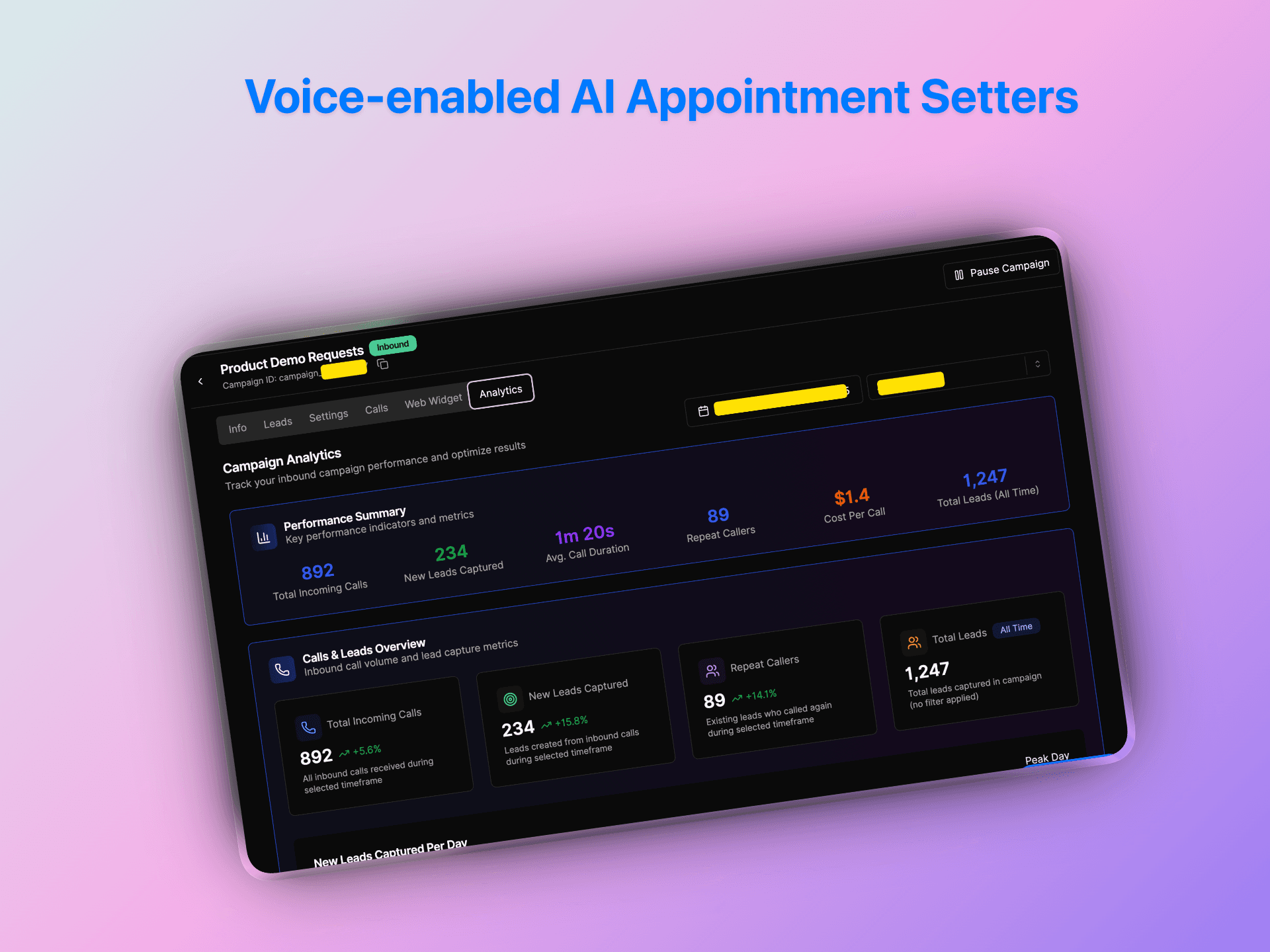 Voice-enabled AI appointment setters dashboard showing campaign analytics, lead capture metrics, and call performance data | VoiceAIWrapper