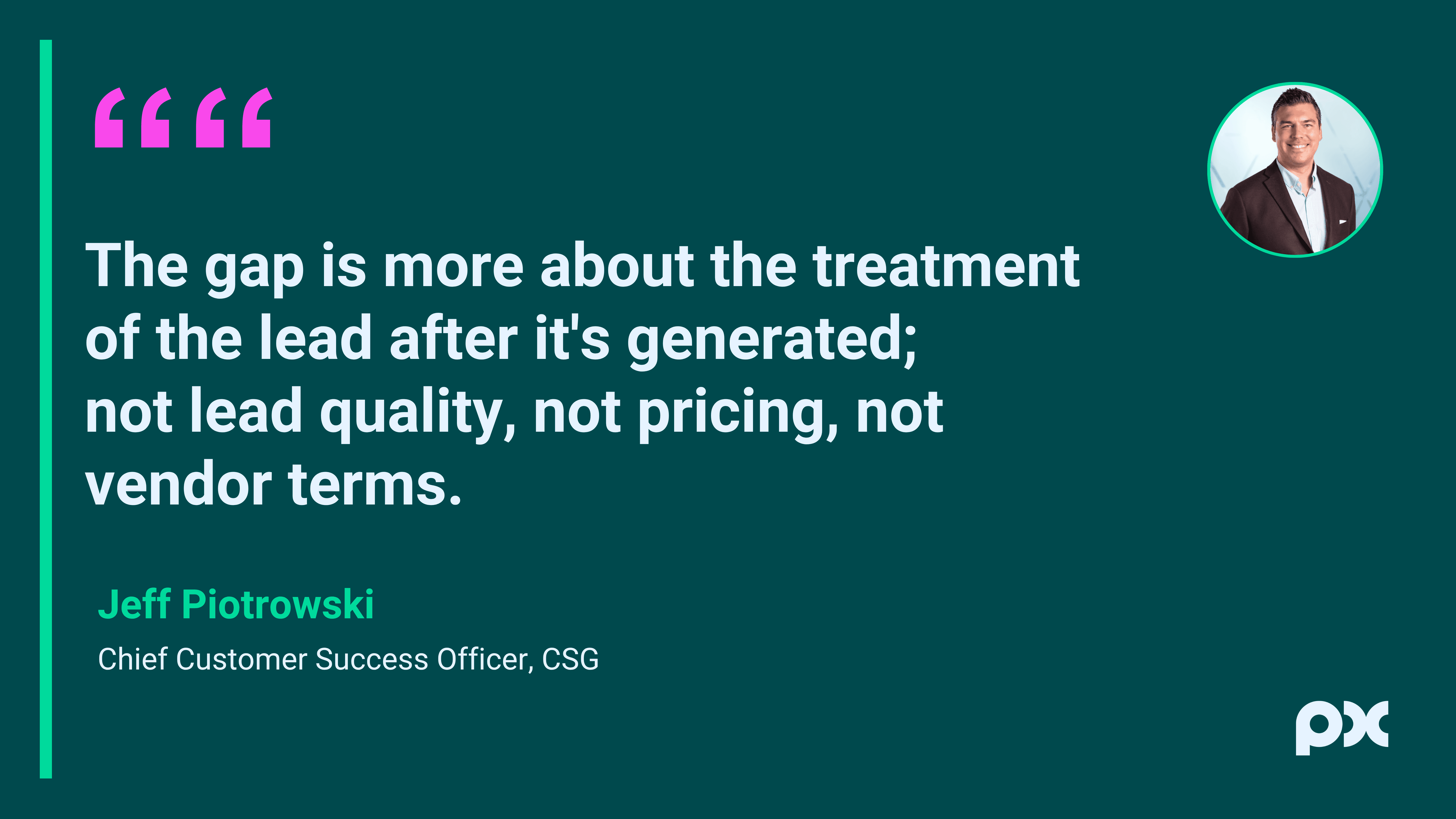 Quote card featuring Jeff Piotrowski of CSG saying the performance gap is more about how a lead is handled after generation than lead quality, pricing, or vendor terms.