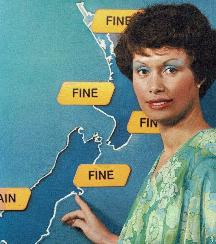 A retro TV weather presenter points to 'FINE' labels on a map, a lighthearted nod to backup peace of mind