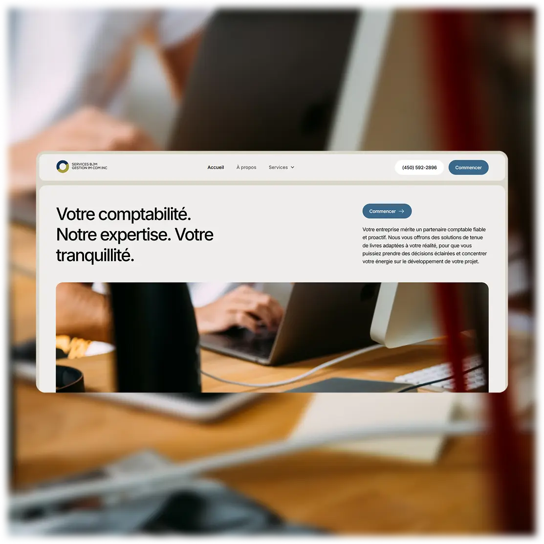 Aperçu du site web de Gestion BJM — page d'accueil du service de comptabilité et tenue de livres pour entrepreneurs au Québec