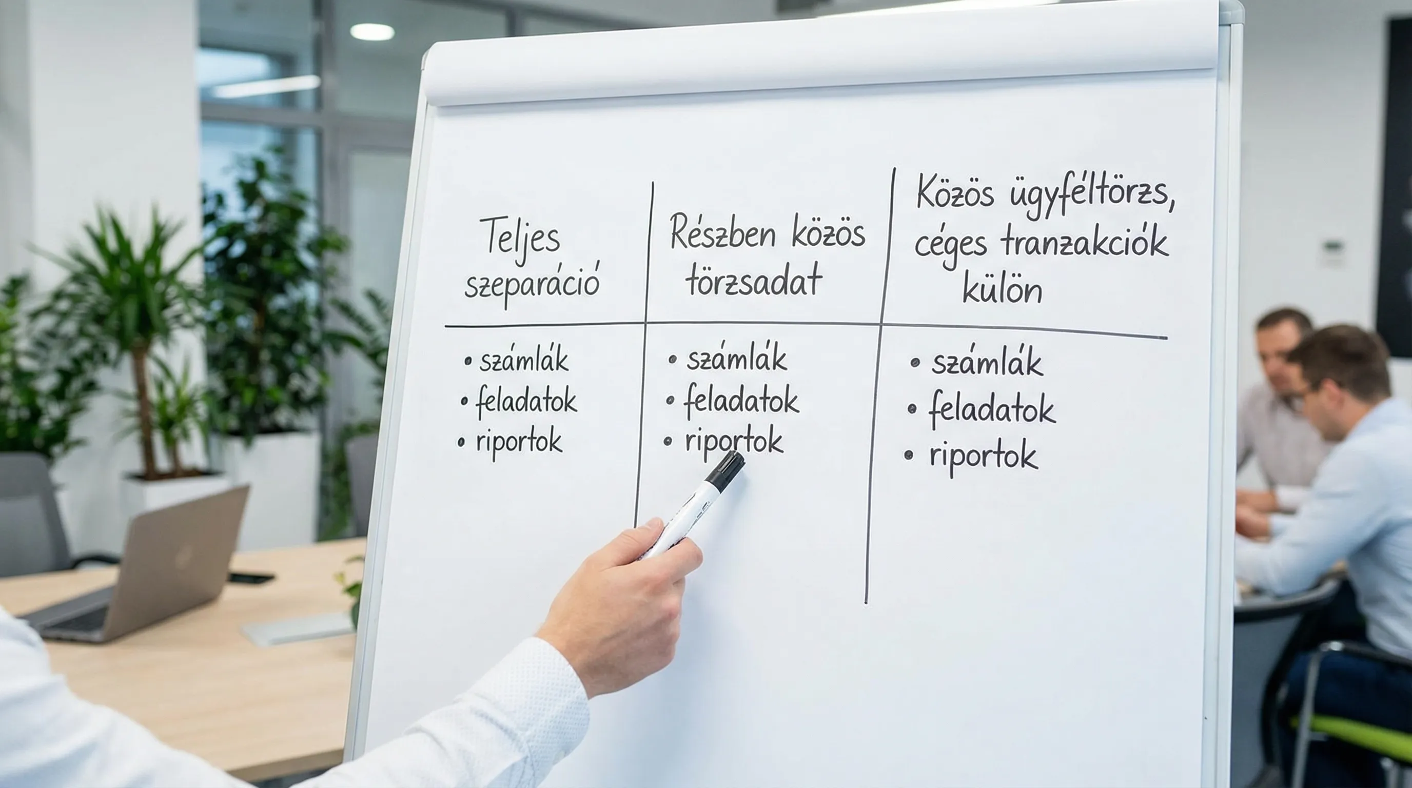 Egyszerű diagram három oszloppal: „Teljes szeparáció”, „Részben közös törzsadat”, „Közös ügyféltörzs, céges tranzakciók külön”. Minden oszlop alatt rövid példák szerepelnek (számlák, feladatok, riportok).