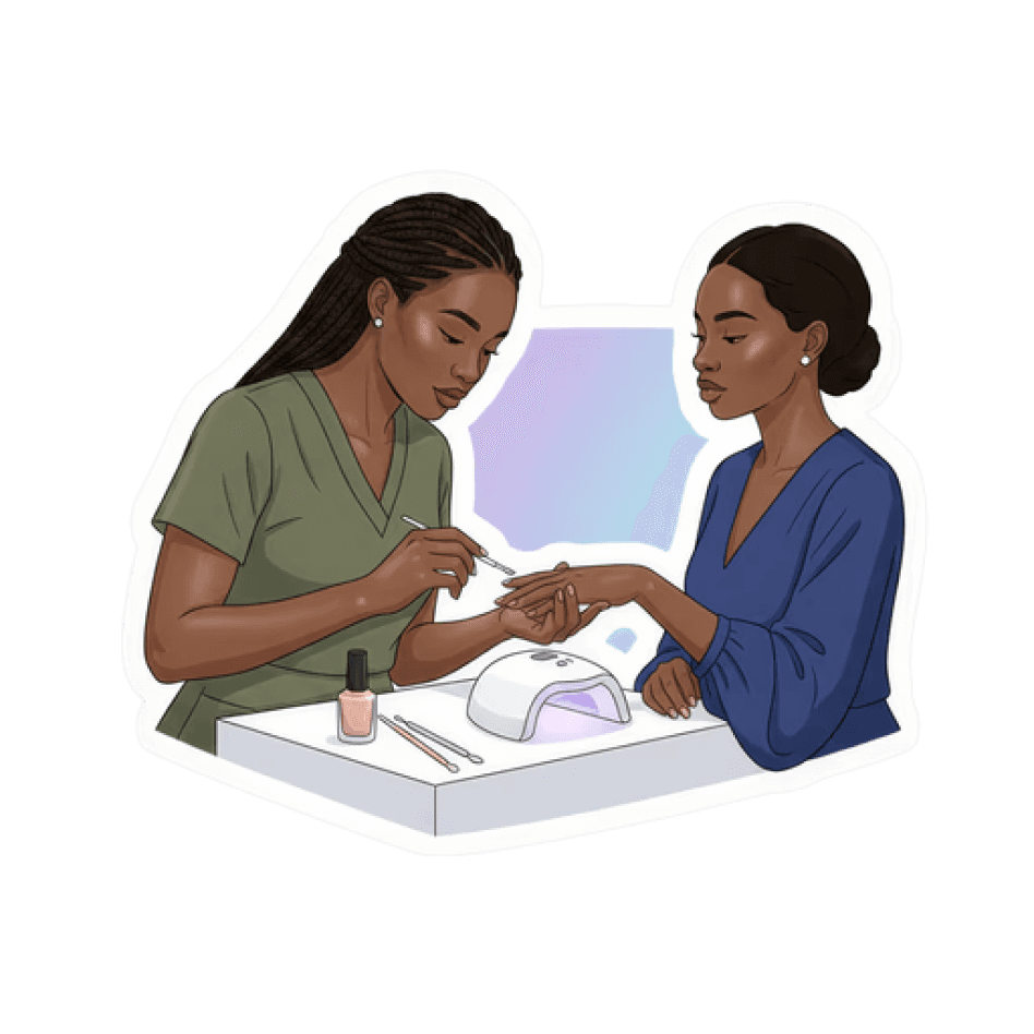 Illustration of a nail technician doing a client’s nails for nail appointments on Bukeen