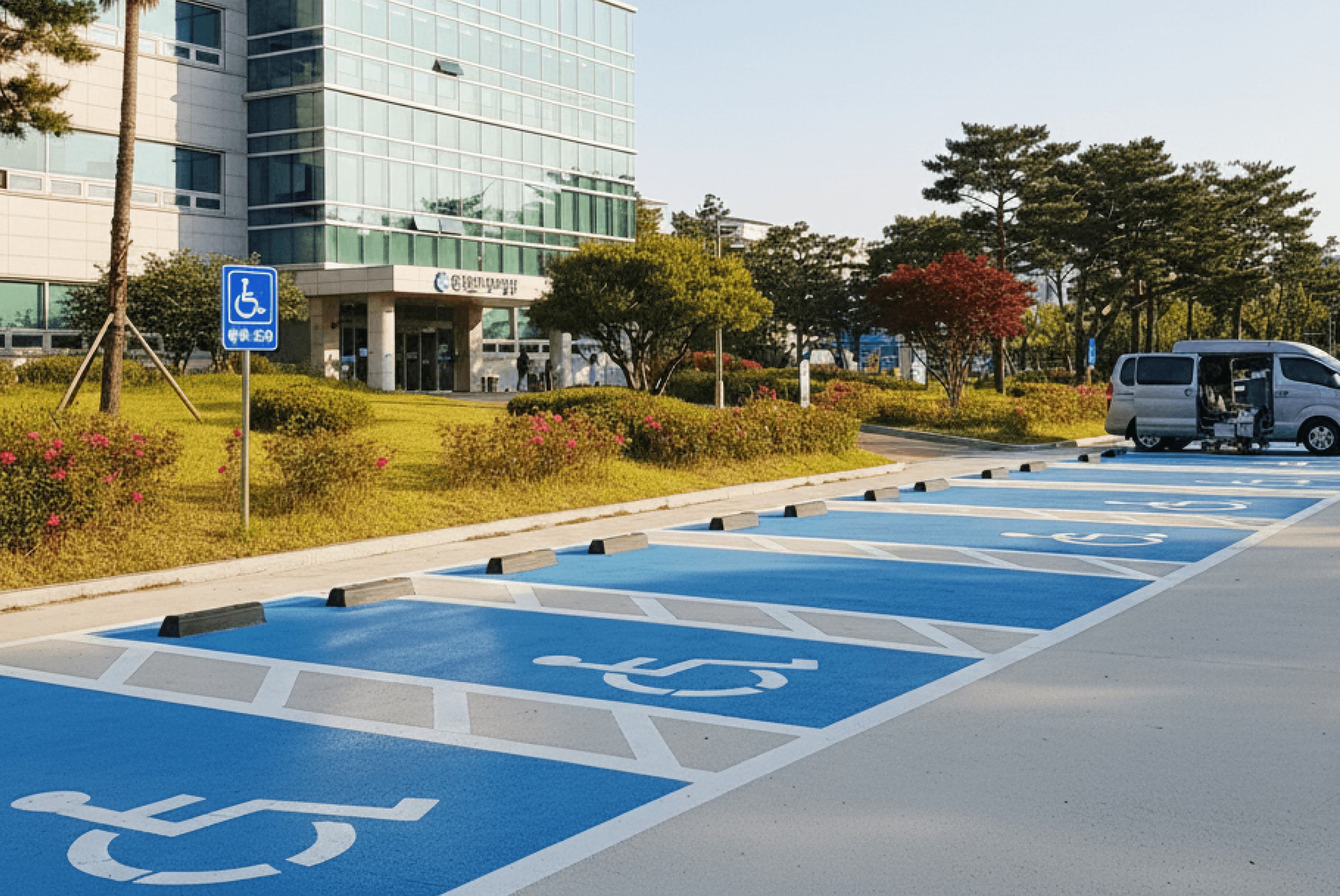 건물 앞 야외 주차장에 파란색 장애인 주차구역 마킹이 여러 칸 표시되어 있으며, 장애인 주차 안내 표지판과 휠체어 리프트가 장착된 흰색 차량이 보이는 이미지입니다.