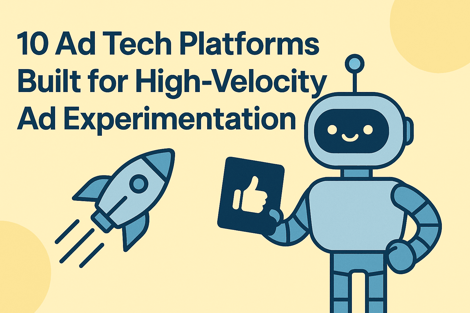 AI robot illustration representing ad tech platforms for high-velocity ad experimentation, creative testing, campaign optimization, and scaling winning ads across digital advertising channels.