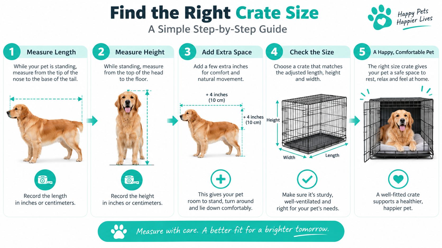 A five-step guide for choosing the correct pet crate size for dogs shown with clear illustrations.