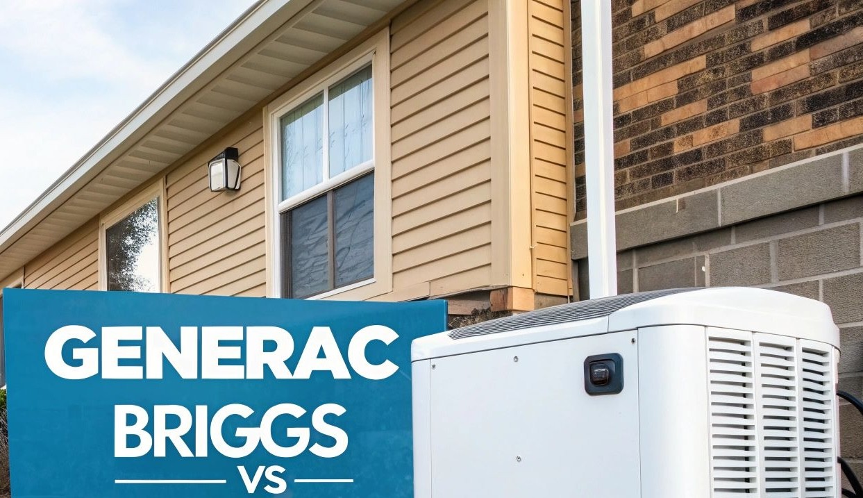 a generator and side of a home with a blue block of text reading generac vs briggs