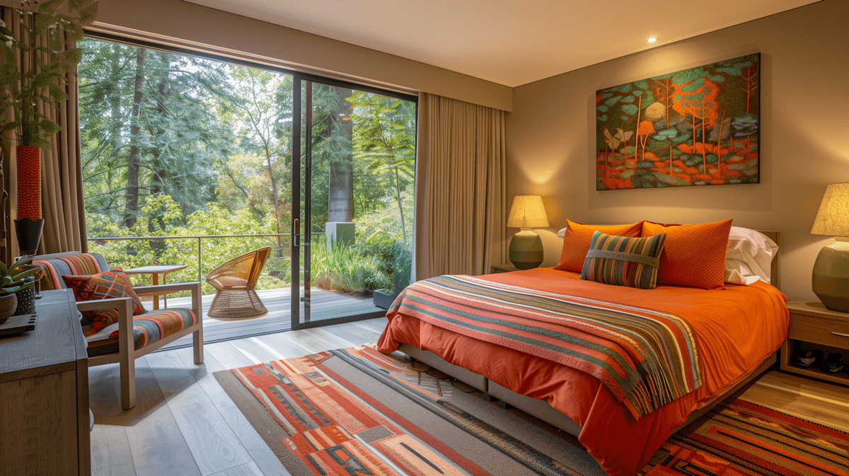 Cozy bedroom with colorful textiles, wooden accents, and large windows overlooking greenery.