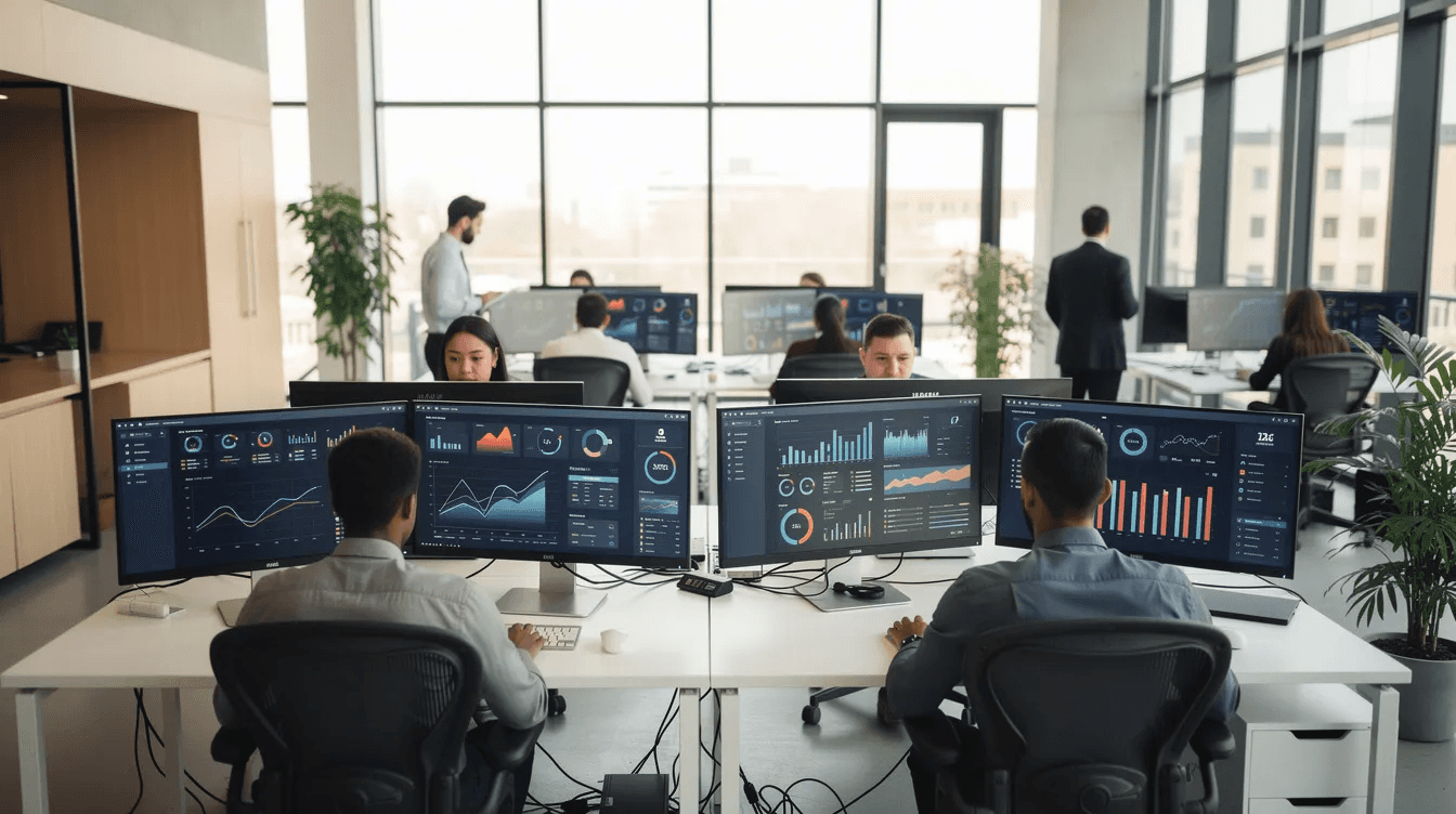 現代的なオープンプランのオフィスには、データダッシュボードを表示する複数のコンピュータモニターを見つめる人々がいます。彼らは顧客関係管理(CRM)に関連する情報を分析し、業務効率や顧客満足度の向上に取り組んでいます。