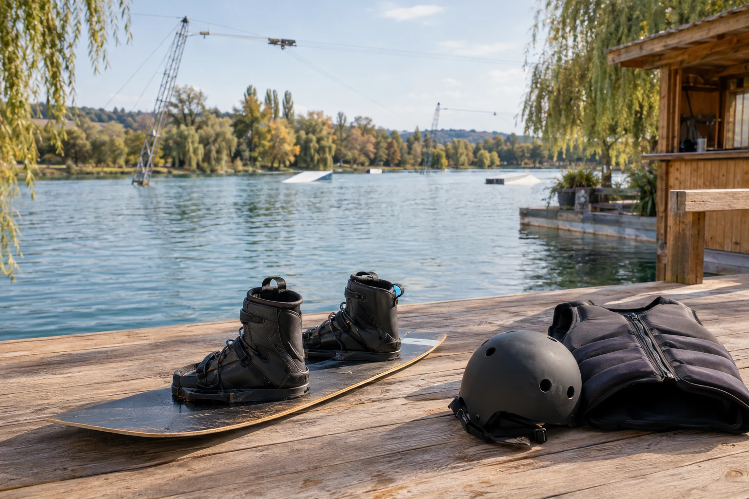 Wakeboard, helmet and vest by the lake
