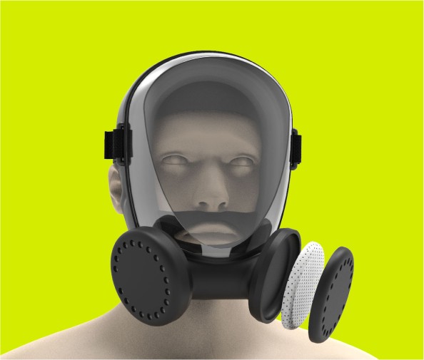 Front view render of an inclusive respirator worn on a head, showcasing its ergonomic design and compatibility with religious headwear for secure and comfortable protection.