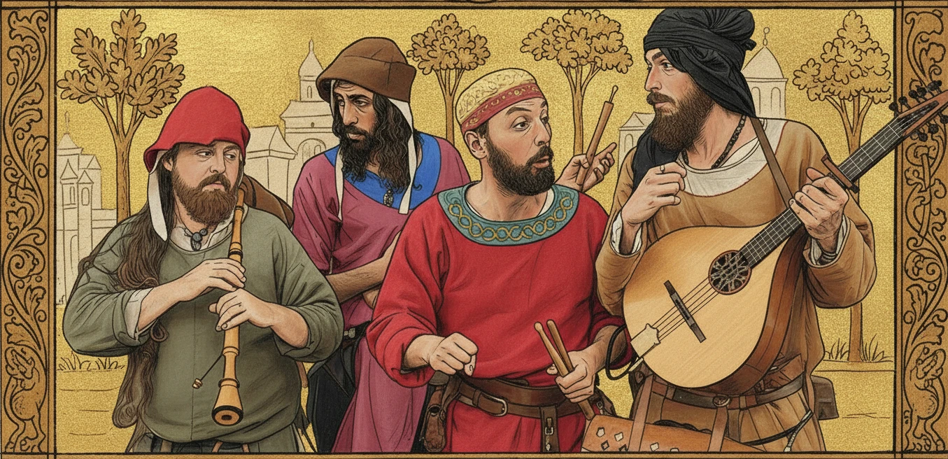 Dessin imitiant une miniature médiévale représentant les membres principaux du groupe de musique médiévale Caminaïre