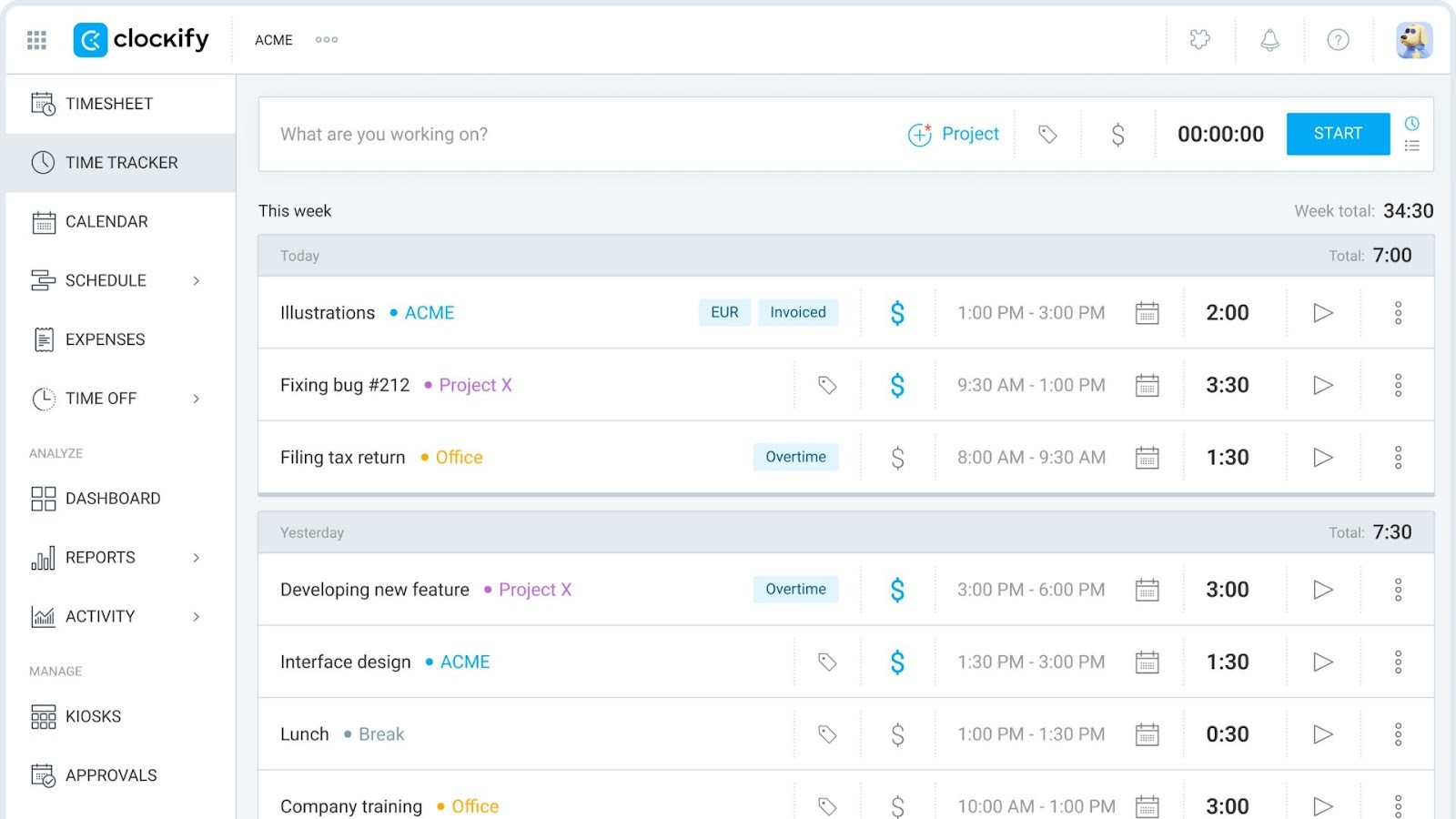 Clockify's time tracker and project timesheet