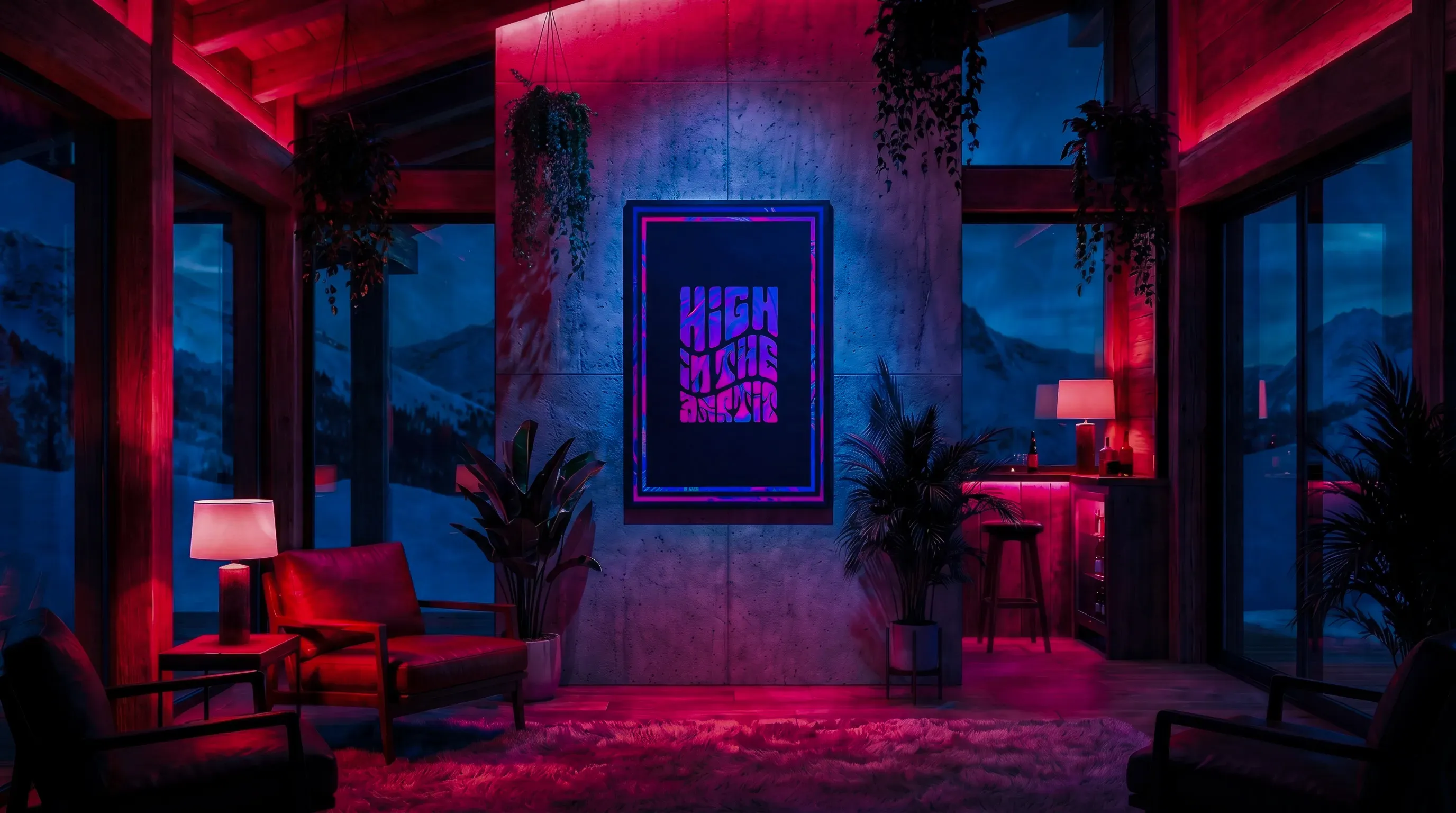 Poster design on the wall inside a ski lodge