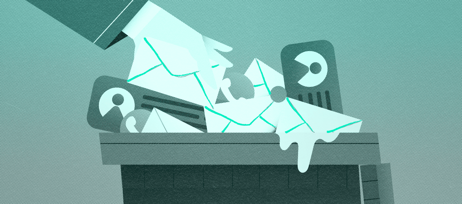 Overflowing inbox with discarded email envelopes and declining charts, illustrating unsubscribes as a natural and healthy part of email marketing performance.