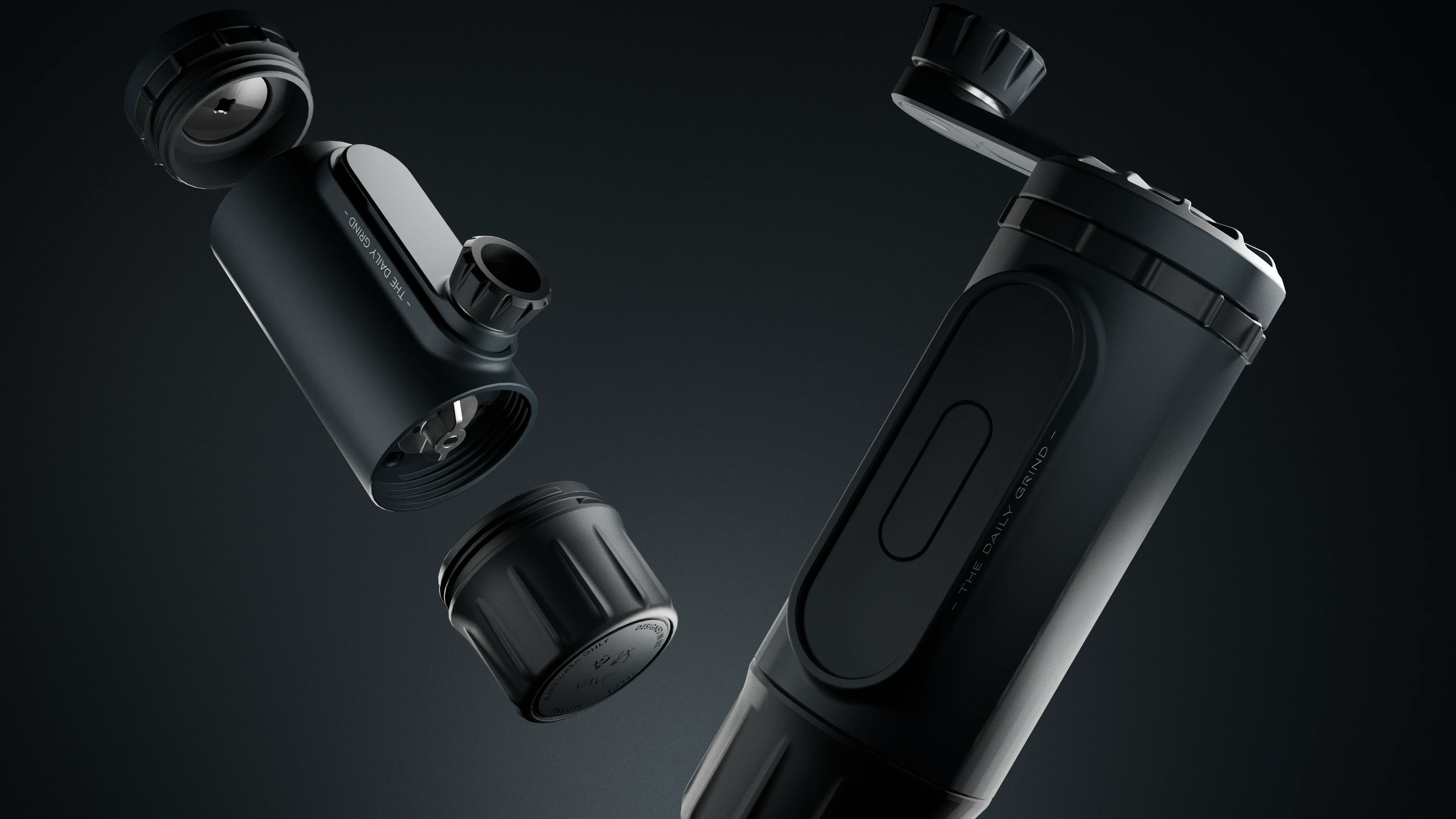 Product design visualisation of a contemporary coffee grinder, showing grind adjustment and handle