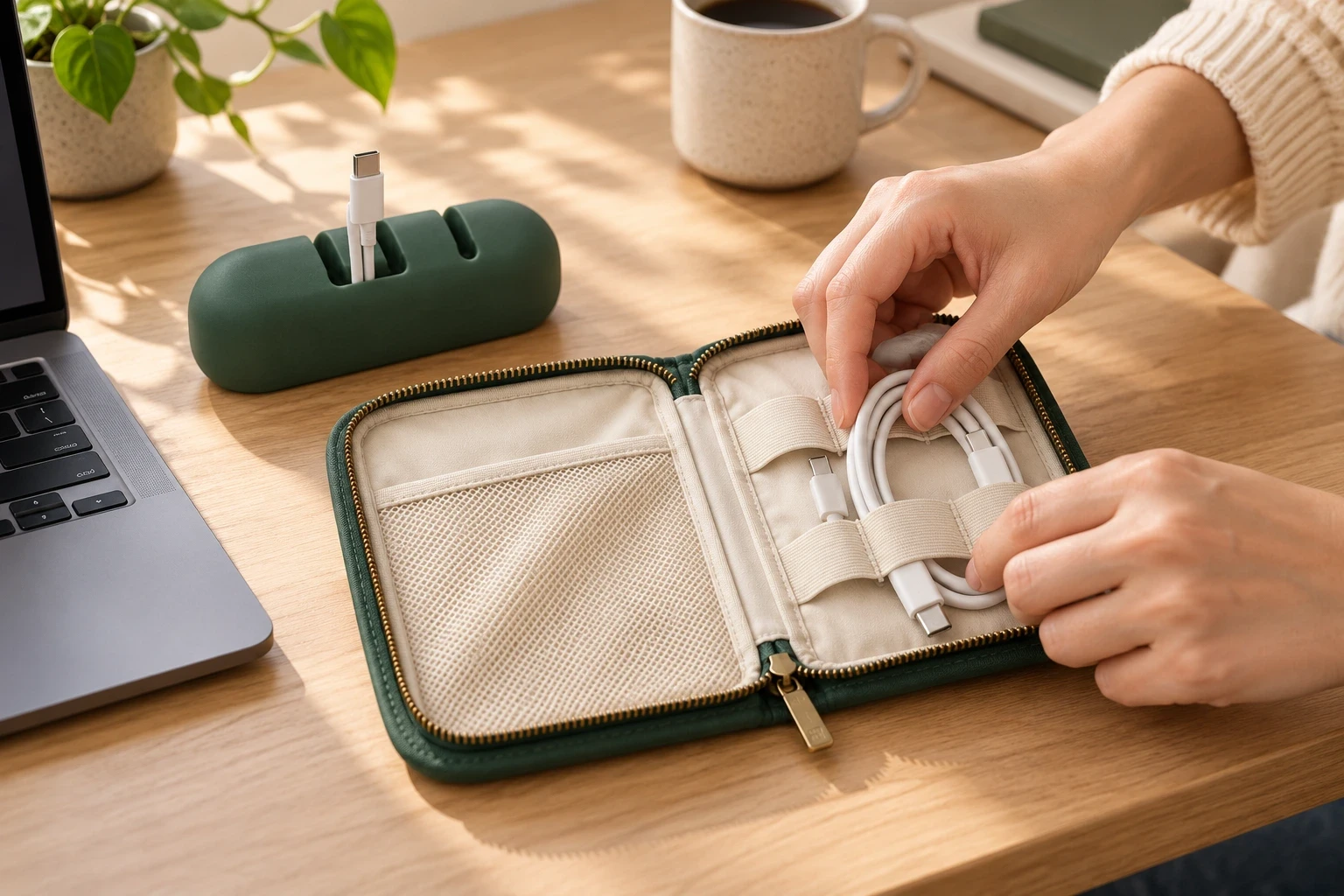 Hands organizing a charging cable in an open Tech Fold beside a Cable Dock and laptop.