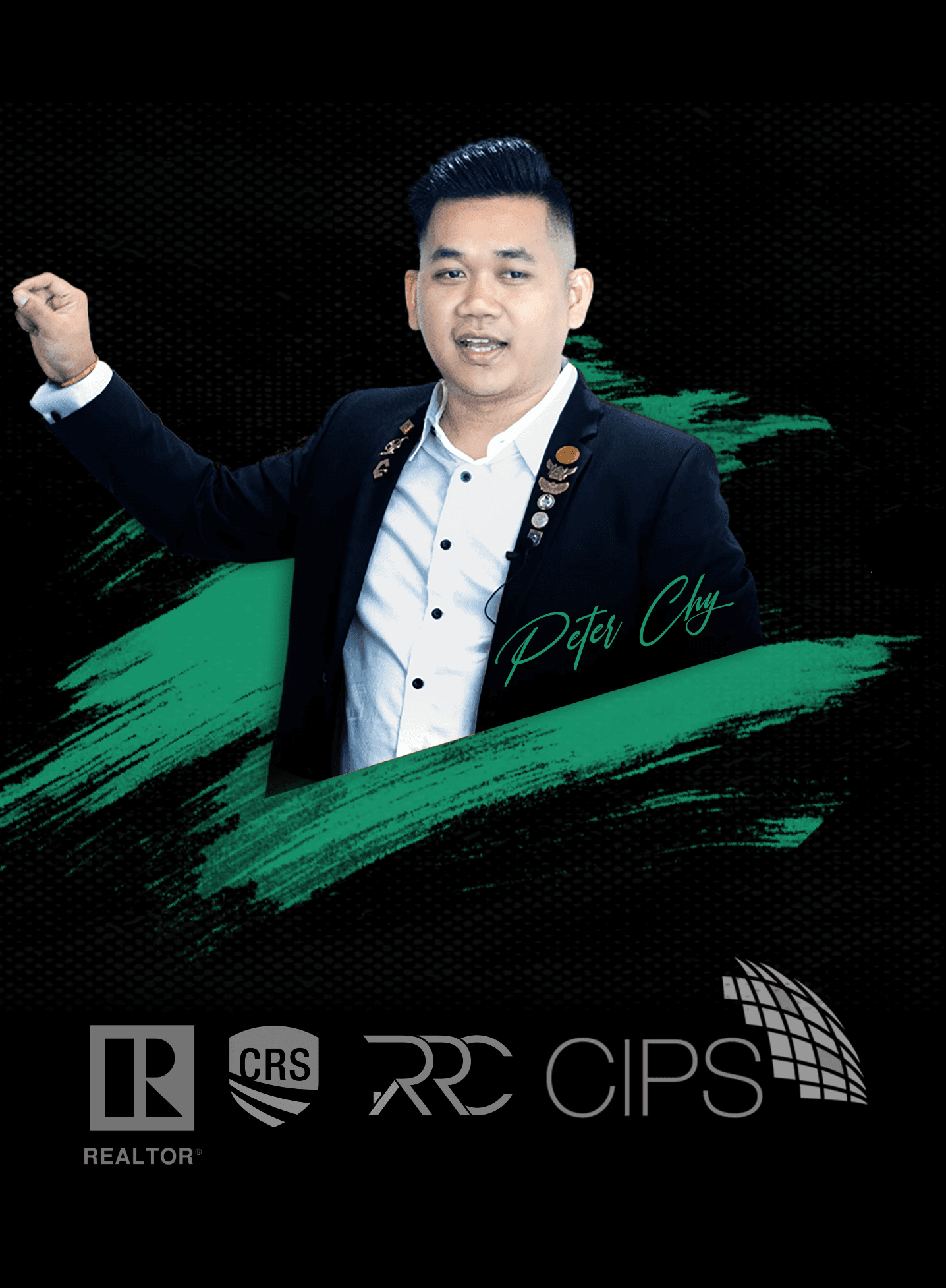 Professional photo of Peter Chy, Founder of Peter Chy Real Estate and Top Achiever at the Cambodia Business Conference, showcasing his USA and Cambodia real estate accreditations.
