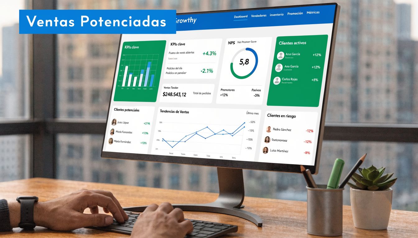 Una pantalla de ordenador mostrando un panel de control con métricas de ventas, KPI y clientes activos.