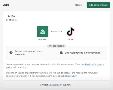 Shopify screen for adding TikTok as a sales channel, with requested store data permissions