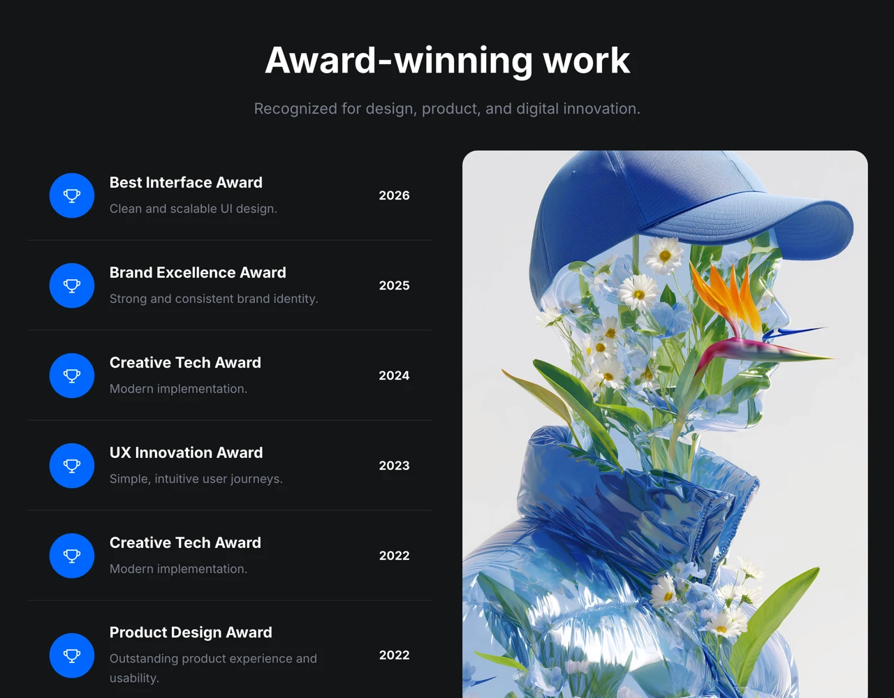 Framer Dark Award Section - Frameblox UI