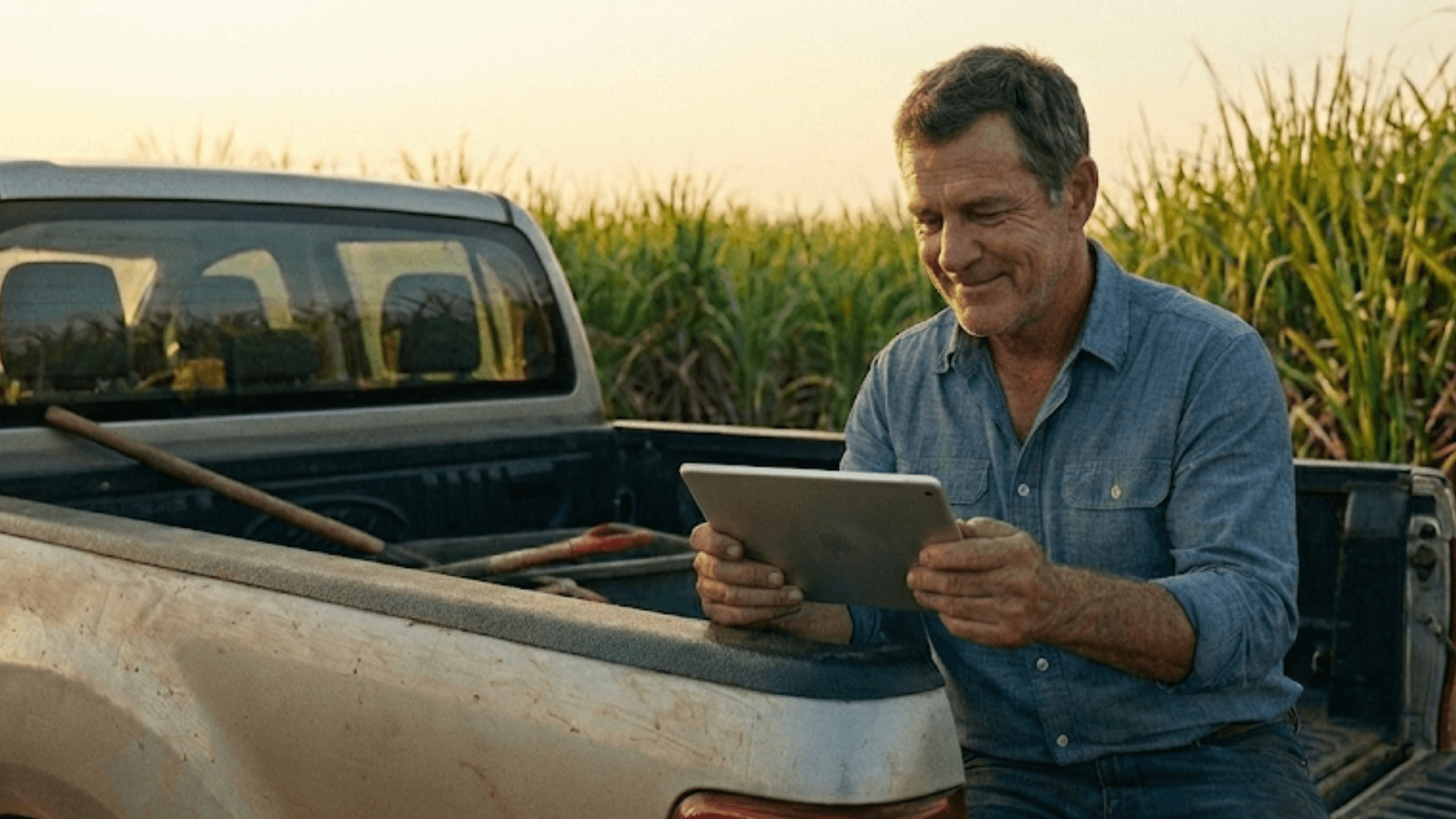 Agricultor usando tablet para gestão financeira em lavoura de cana-de-açúcar.