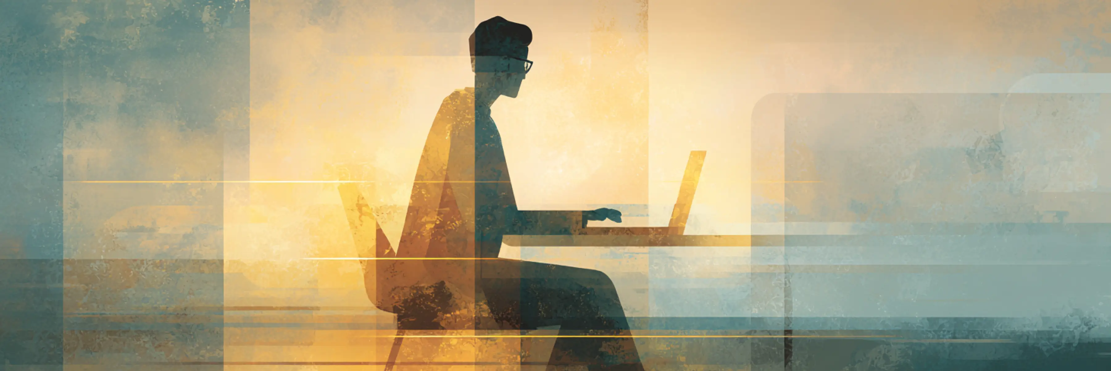 Ilustración abstracta de una persona sentada frente a una laptop en un escritorio, con siluetas superpuestas, luz cálida y texturas granuladas en tonos azules y amarillos.