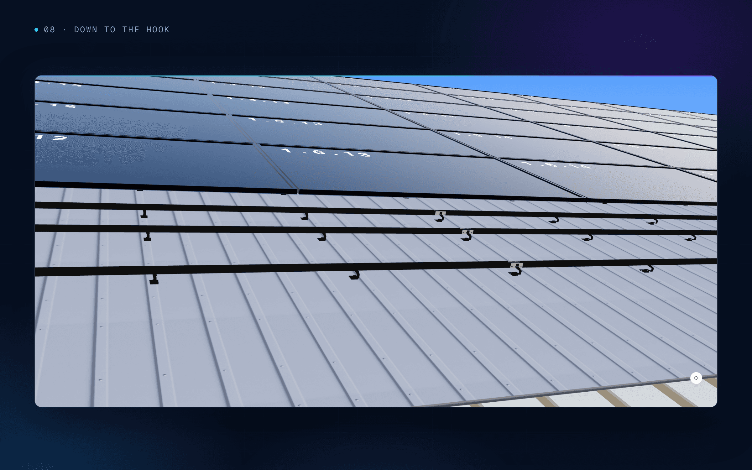 Close-up of mounting rails and roof hooks on a profiled metal roof beneath solar panels