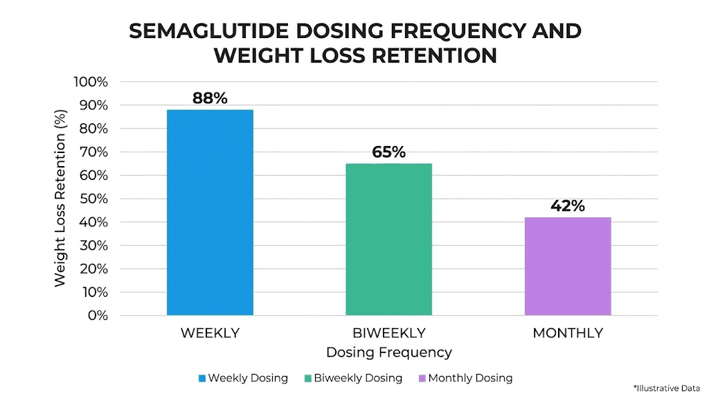 Semaglutide weight loss retention by dosing frequency comparison chart