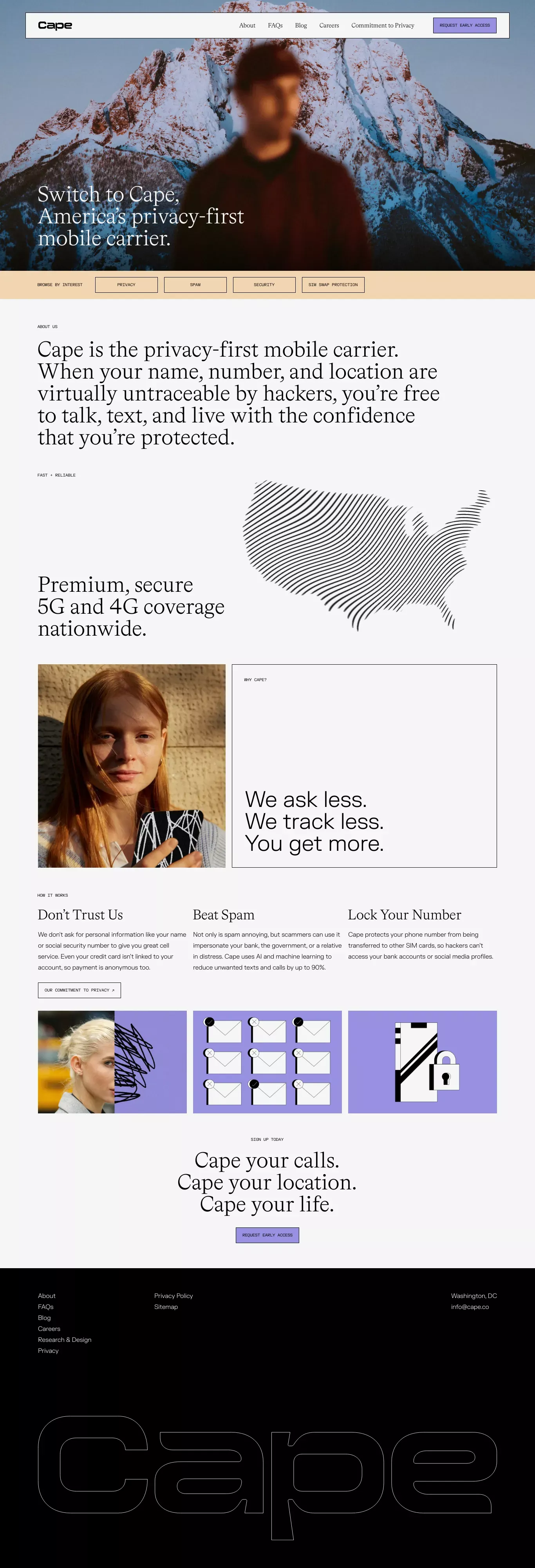 Cape landing page screenshot showcasing Tech design