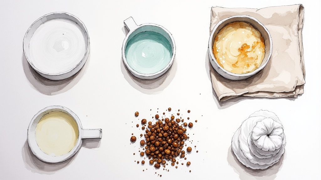 Ingredientes para un spa en casa: tazones con líquidos, una mascarilla, exfoliantes y toallas de algodón.