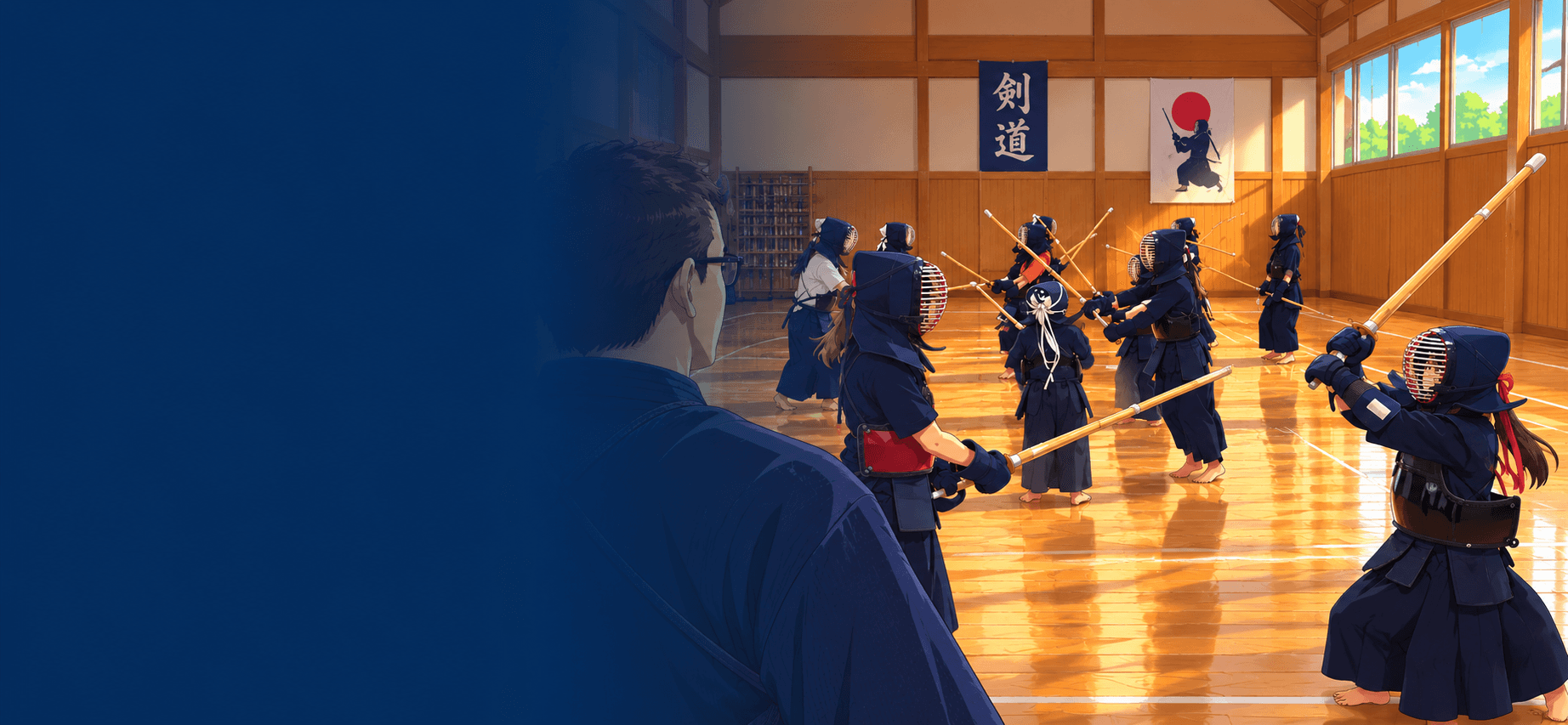 Enfants apprenant les bases du Kendo avec un enseignant pendant un cours.