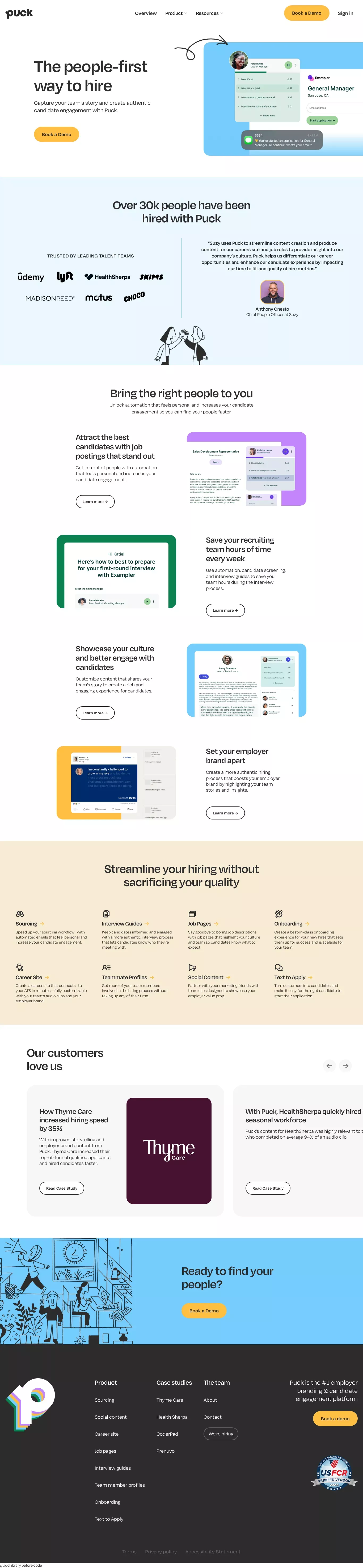 Puck - Find your People landing page screenshot showcasing HR and Tech design