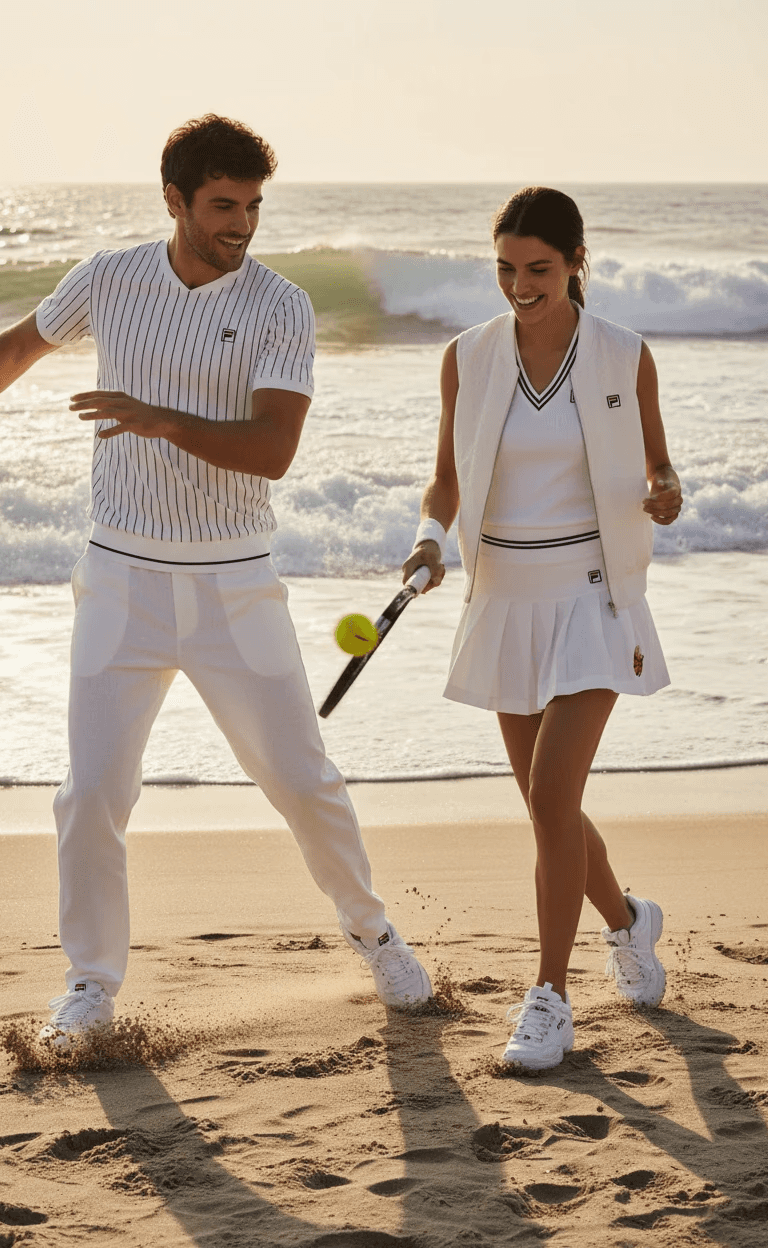 AI-generated models playing tennis on beach wearing FILA classic sportswear — dynamic campaign content, AI visual direction